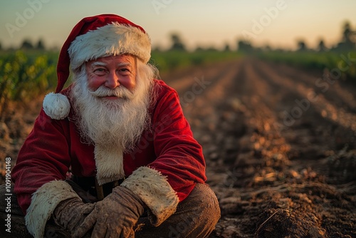 5am Santa Claus in the middle of the Agro plantation. Generative AI