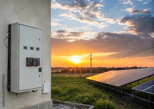 Simple Power Electrical Panel with Gradient Sun in the Background for Renewable Solar Energy Logo Design, Featuring Copy Space for Branding and Marketing Purposes photo