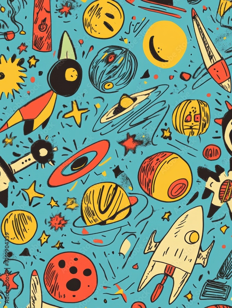 Naklejka premium Colorful and whimsical doodles of planets, rockets, stars, and astronauts create a playful cosmic scene filled with imagination. Generative AI