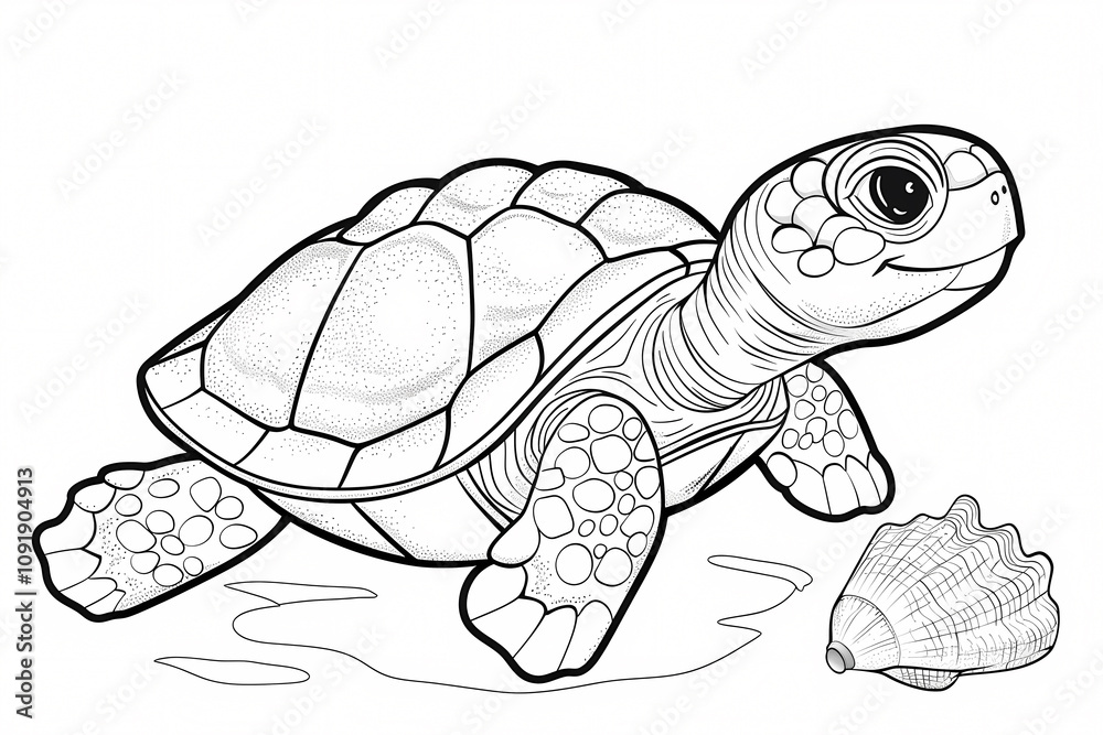 Fototapeta premium A cheerful cartoon turtle with large eyes exploring a beach scene beside a seashell.