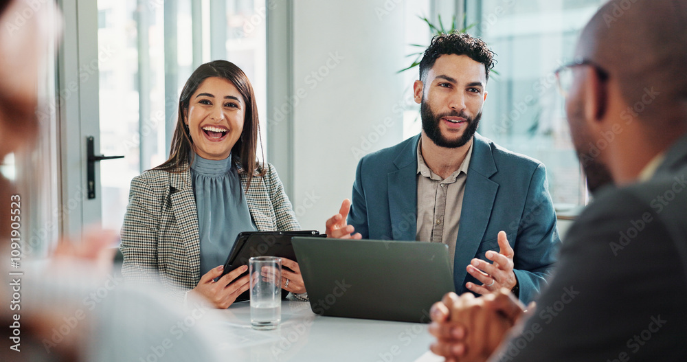 © Clement C/peopleimages.com - Meeting, talking or business people on laptop for results, feedback discussion or teamwork. Corporate review, happy or financial advisor speaking of economic news report, investment and growth profit