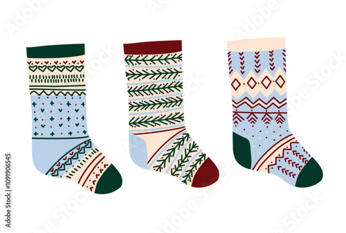 Set of three decorative socks with Nordic patterns in red, green, and beige on a white background. Festive Christmas design. Illustration for greeting cards and seasonal decoration.