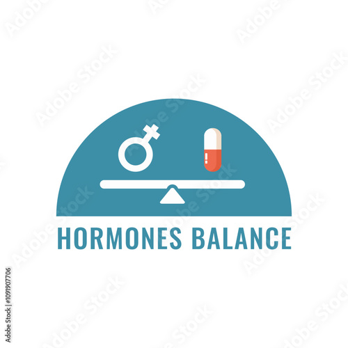 DHEA supplements. Vector illustration depicting hormonal balance with a gender symbol and capsule on a scale. Concept of health, wellness, and hormone therapy in medical treatment.