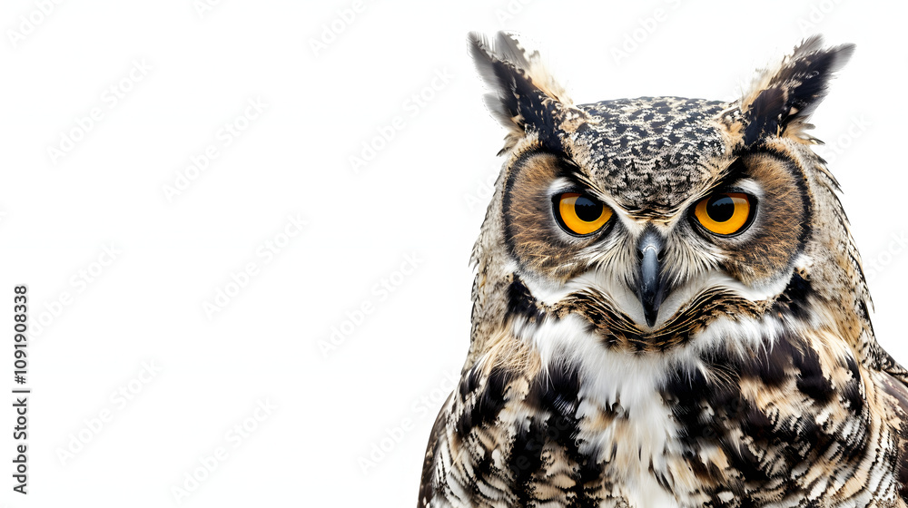 Fototapeta premium owl headshot with closeup of face with a white accent, text area, png