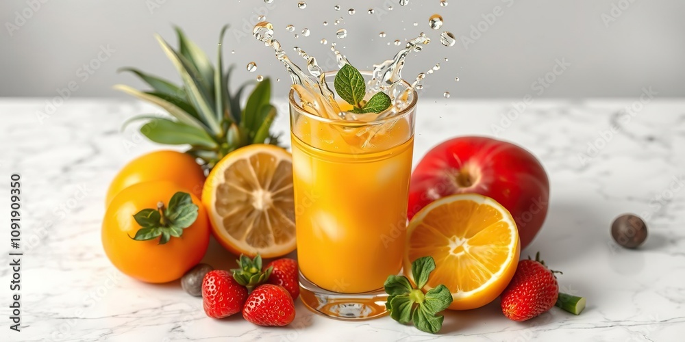 Fototapeta premium A mixture of juicy fruits splashing into a clear glass of juice on a white marble surface, colorful fruits, fresh produce, kitchen essentials