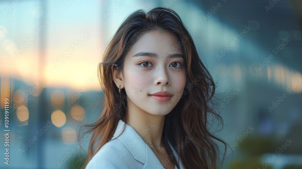Obraz premium A young woman in a blazer smiles softly outdoors during sunset, with a beautiful bokeh background, creating a warm, professional look..