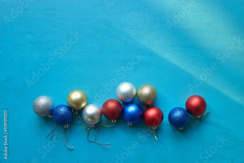 Shiny Christmas balls on blue wooden background