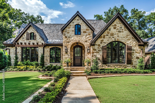A beautiful home in the mountains of Oklahoma with a stone exterior and large windows overlooking a lush green lawn. The house has a traditional French country architectural style.
