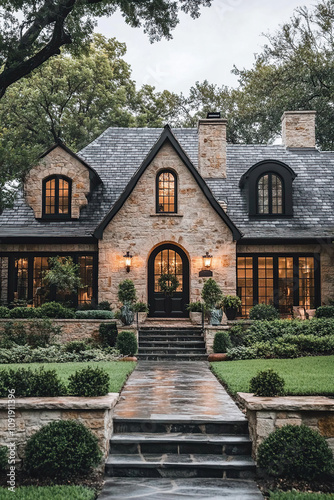 A beautiful stone and brick luxury home in Dallas with black windows, ornate details, and a cozy, romantic atmosphere surrounded by nature and greenery.