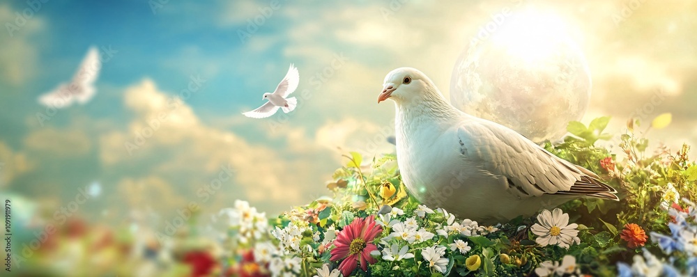 Obraz premium White doves flying over beautiful flowers and earth at sunrise: concept of peace and harmony