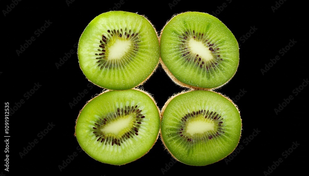 Fototapeta premium Artistic arrangement of four kiwi slices in a square formation, each slice turned slightly