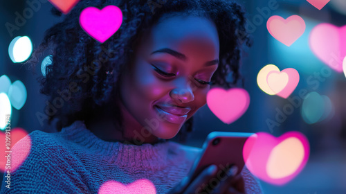 Happy black woman using a smartphone for chatting and online dating; perfect for Valentine's Day campaigns, social media, or dating app promotions.