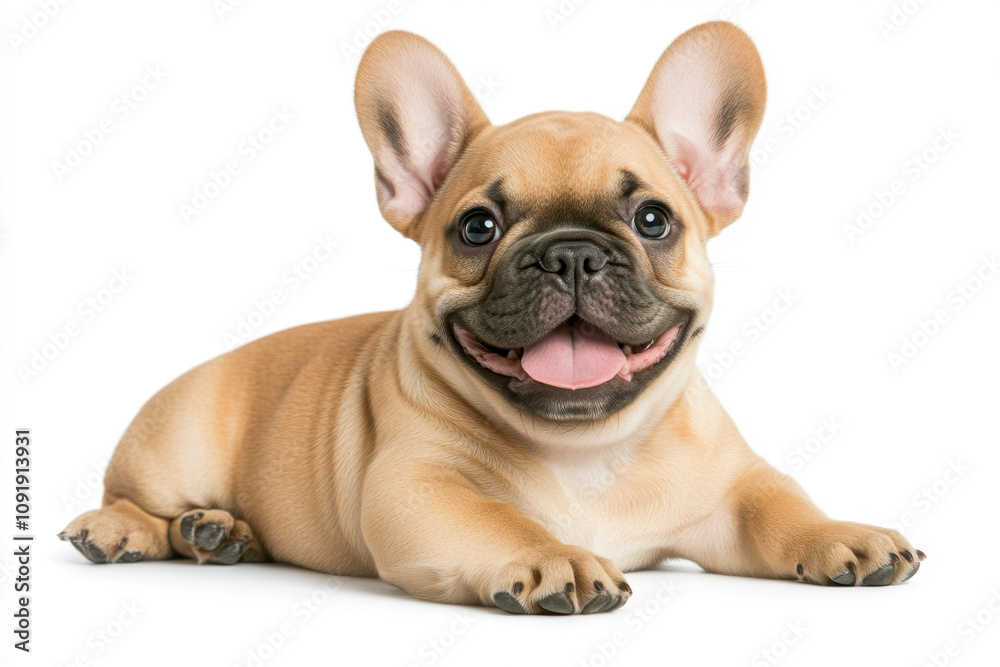 Obraz premium A playful French Bulldog lies happily, showcasing its adorable features and cheerful expression against a clean, white background.