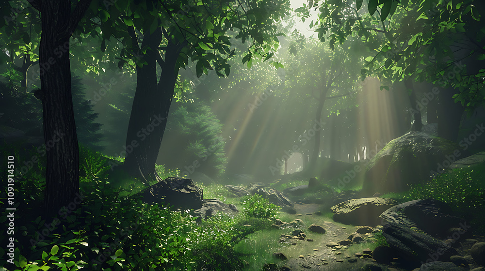 Obraz premium Serene Forest Scene with Sunlight Filtering Through Leaves, Lush Greenery, Tranquil Stream, and Soft Mist Creating a Peaceful Atmosphere for Nature Lovers