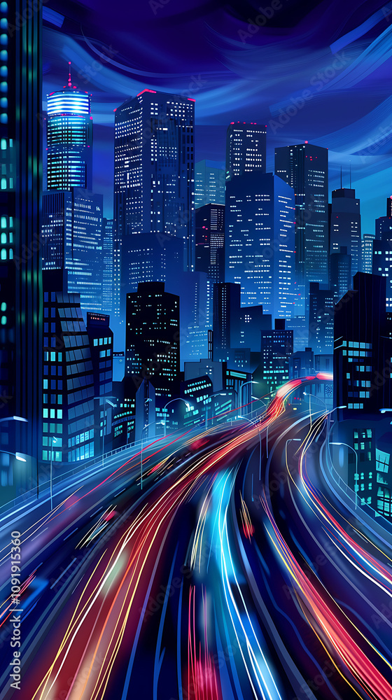 Vibrant Cityscape at Night with Illuminated Skyscrapers and Light ...