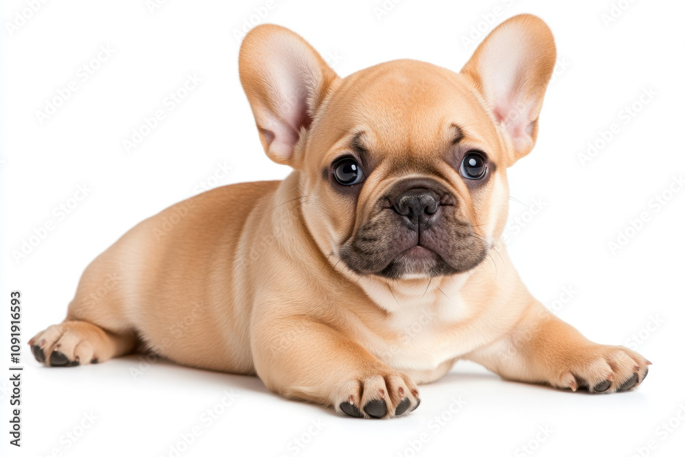Fototapeta premium A cute, light-colored French Bulldog lying down with large ears and a curious expression.