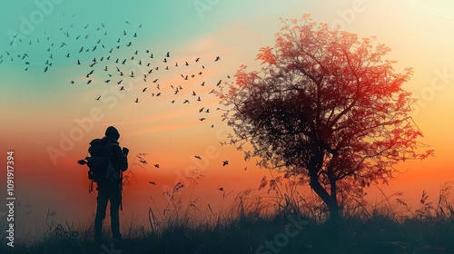 A birdwatchers silhouette, with a detailed, vibrant birdfilled tree in the background photo