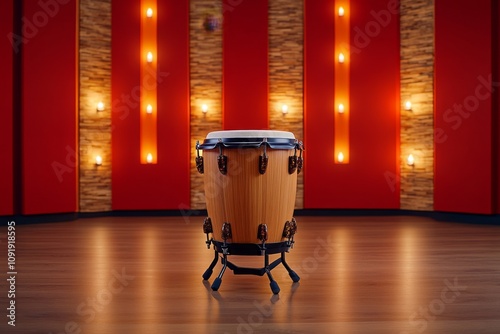 A moody recording studio lit by candles, with a mysterious African drum set at the center photo