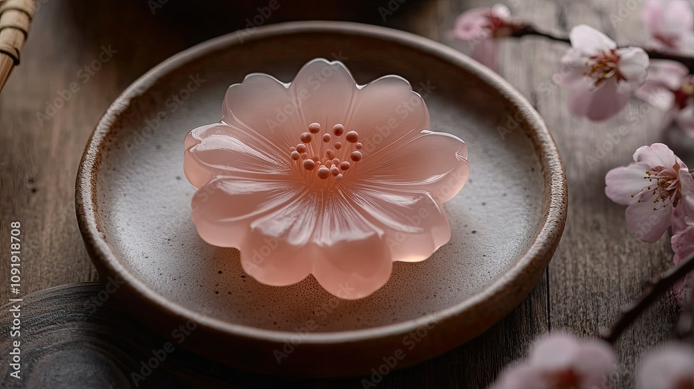 Delicate Pink Flower Shaped Soap on Rustic Plate Surrounded by Cherry Blossom Branches in Calm and Serene Atmosphere for Relaxation and Inspiration Delicate Pink Flower Shaped Soap on Rustic Plate Surrounded by Cherry Blossom Branches in Calm and Serene Atmosphere for Relaxation and Inspiration