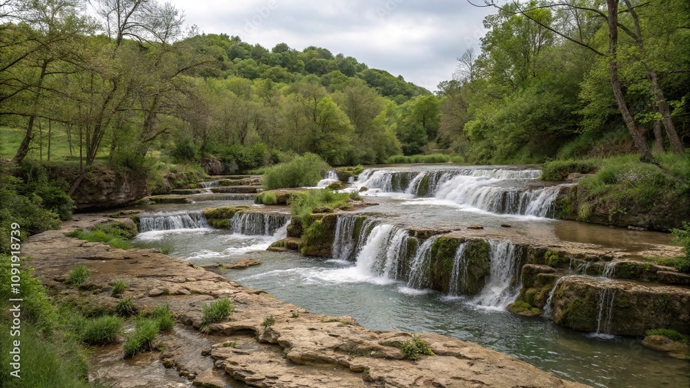 Obraz premium A series of small waterfalls flowing down a rocky terrain, creating a soothing background noise that echoes through the forest, landscape, water drop, forest