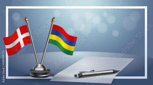 Denmark and Mauritius National flags on small table with bokeh background, cooperative relationship