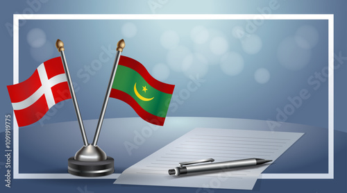 Denmark and Mauritania National flags on small table with bokeh background, cooperative relationship