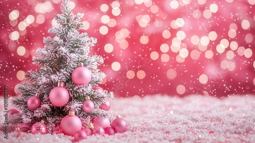 A pink Christmas tree with pink and silver ornaments, surrounded by soft pink bokeh lights, perfect for holiday greetings and seasonal designs.