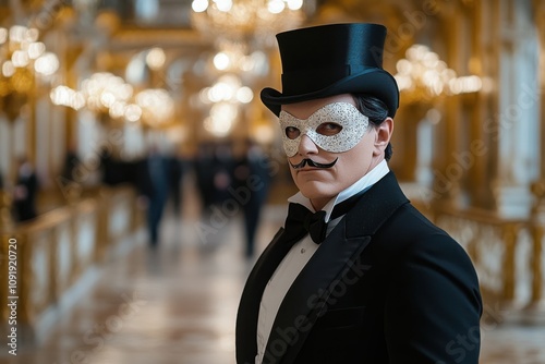 A mysterious figure in a tuxedo and masquerade mask stands confidently in an opulent ballroom, surrounded by soft golden lighting. photo