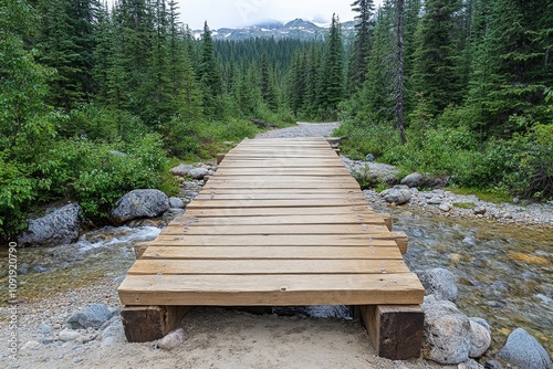 Ahead road crossing an old, rickety wooden bridge over a rushing stream photo