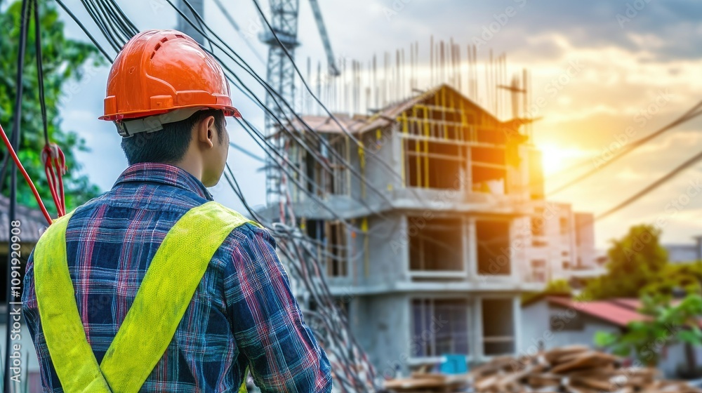 Construction Worker Overseeing Project at Dusk with Bright Sunset in Background, Focus on Safety Gear and Building Framework Development Construction Worker Overseeing Project at Dusk with Bright Sunset in Background, Focus on Safety Gear and Building Framework Development