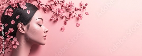 Beauty portrait of model posing with pink flowers for skincare or wellness campaign