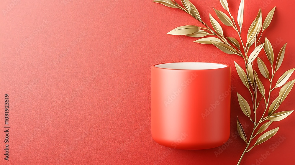 Fototapeta premium Trendy red pot with gold leaf home decor minimalist style indoor aesthetic concept