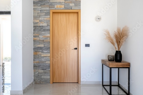 Ajar door in a modern apartment, revealing a bright, minimalist interior beyond photo