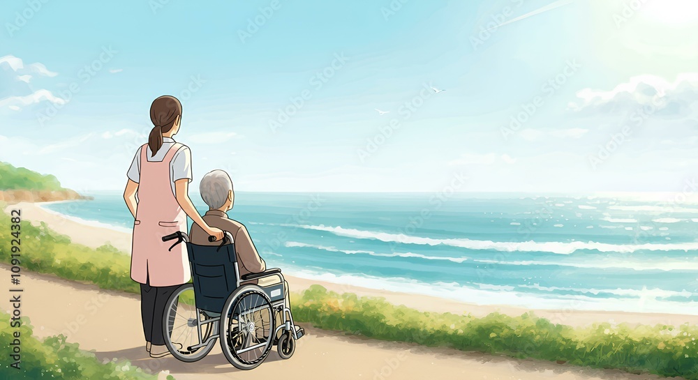 海を眺める車椅子に乗った高齢者女性、サポートする介護者、イラスト|Elderly woman in wheelchair looking out to sea, caregiver supporting her. 海を眺める車椅子に乗った高齢者女性、サポートする介護者、イラスト|Elderly woman in wheelchair looking out to sea, caregiver supporting her.