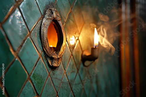 Ajar door in a temple, revealing faint candlelight and incense smoke beyond photo