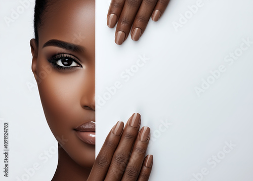 Beautiful African American female model with healthy nails, hair and skin Holding a poster for Beauty or cosmetics concept marketing ad, white light and white background