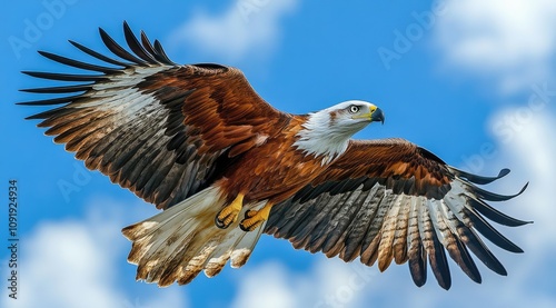 Majestic brown and white eagle in flight against a vibrant blue sky with fluffy white clouds. photo