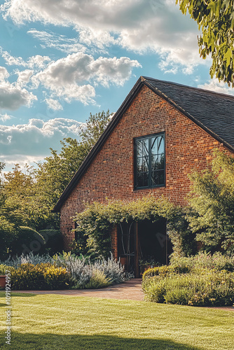 A brick house with black windows in the English countryside, surrounded by greenery and trees, under a blue sky with white clouds. The front yard features lush grass, flowers, bushes, and small paths.