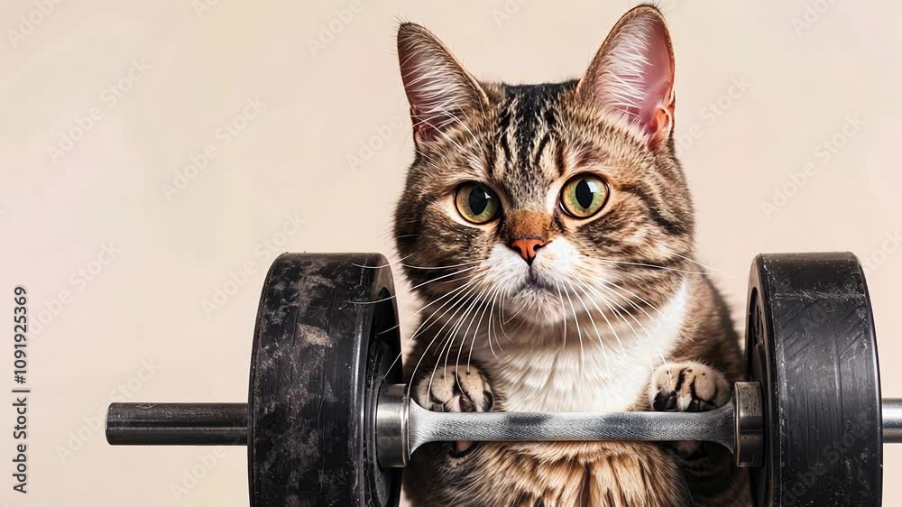 A playful cat lifting a dumbbell,  fitness 
