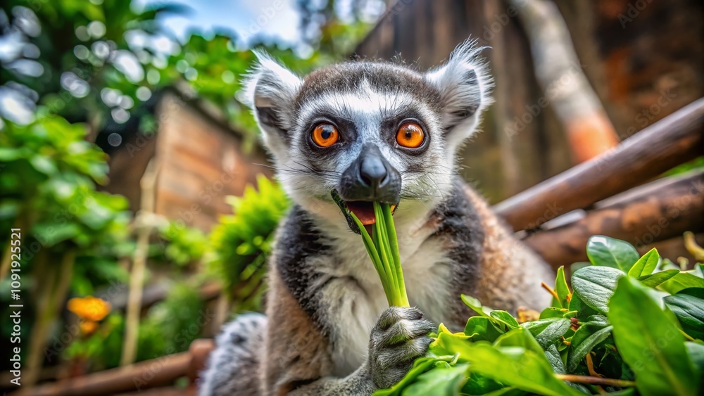 Obraz premium Adorable Ringtailed Lemur Enjoying a Snack in Its Natural Urban Habitat with Lush Greenery and Playful Expressions Captured in Stunning Detail for Wildlife Enthusiasts