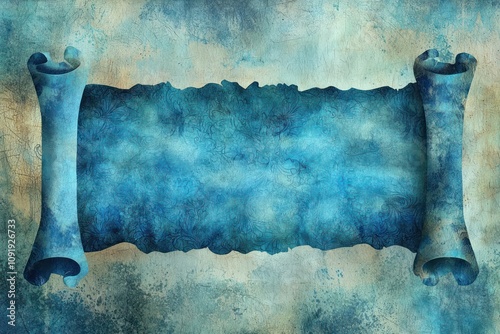 Blue background with grunge textures, featuring watercolor-painted mottled blue designs on an antique parchment-style banner photo