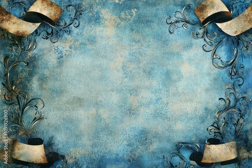 Blue background with grunge textures, featuring watercolor-painted mottled blue designs on an antique parchment-style banner photo