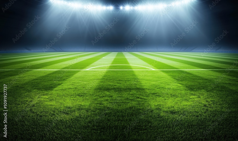 Obraz premium Illuminated soccer field with vibrant green grass, stadium lights, and marked goal area