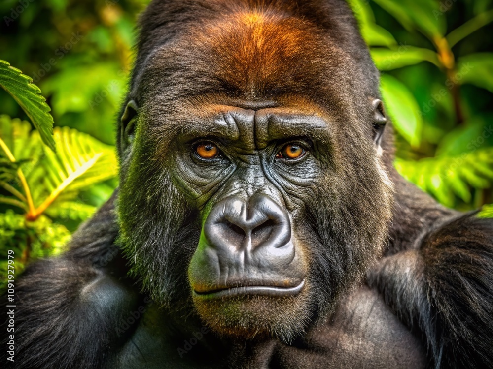 Obraz premium Aerial Close-Up of a Majestic Gorilla's Head and Arms Facing Down, Capturing the Intricate Details of Its Fur and Expression in a Natural Habitat Setting