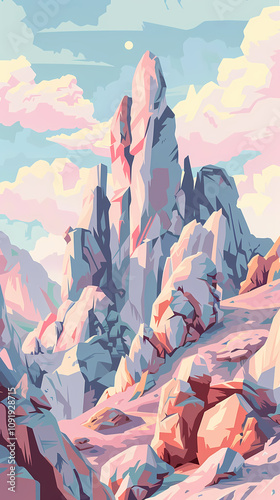 A stunning illustration of towering mountains in pastel hues, evoking a serene and dreamy landscape filled with colorful rock formations.