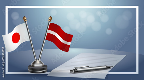 Japan and Latvia Small national flag on bokeh background, cooperative relationship