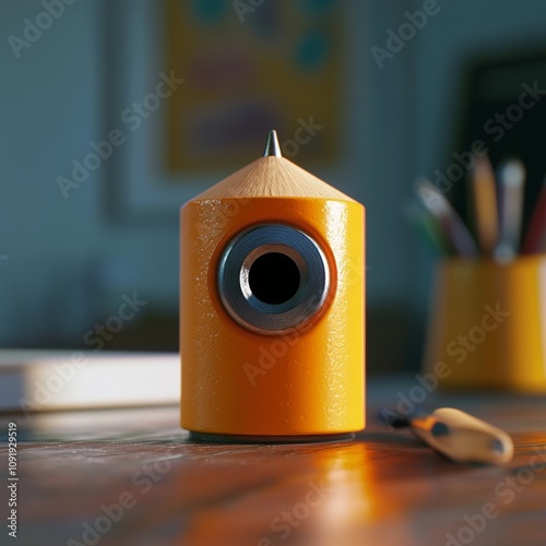 A vibrant yellow pencil sharpener on a desk.