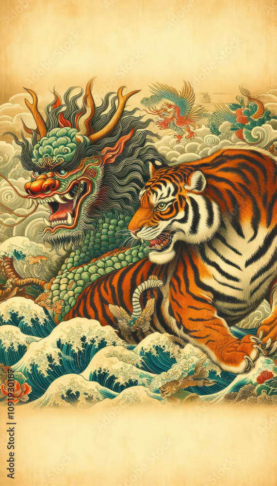 custom made wallpaper toronto digital日本画、浮世絵／龍（ドラゴン）虎（タイガー）　龍虎	
