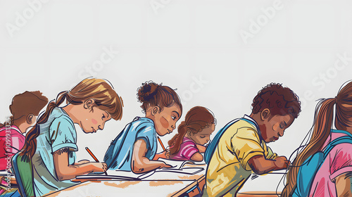 class of primary school kids studying during a lesson, close up with a white accent, pop-art, png