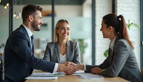 Un apretón de manos entre un hombre y una mujer de negocios en una reunión en la oficina, concepto de alianza, entrevista laboral o asesoramiento financiero